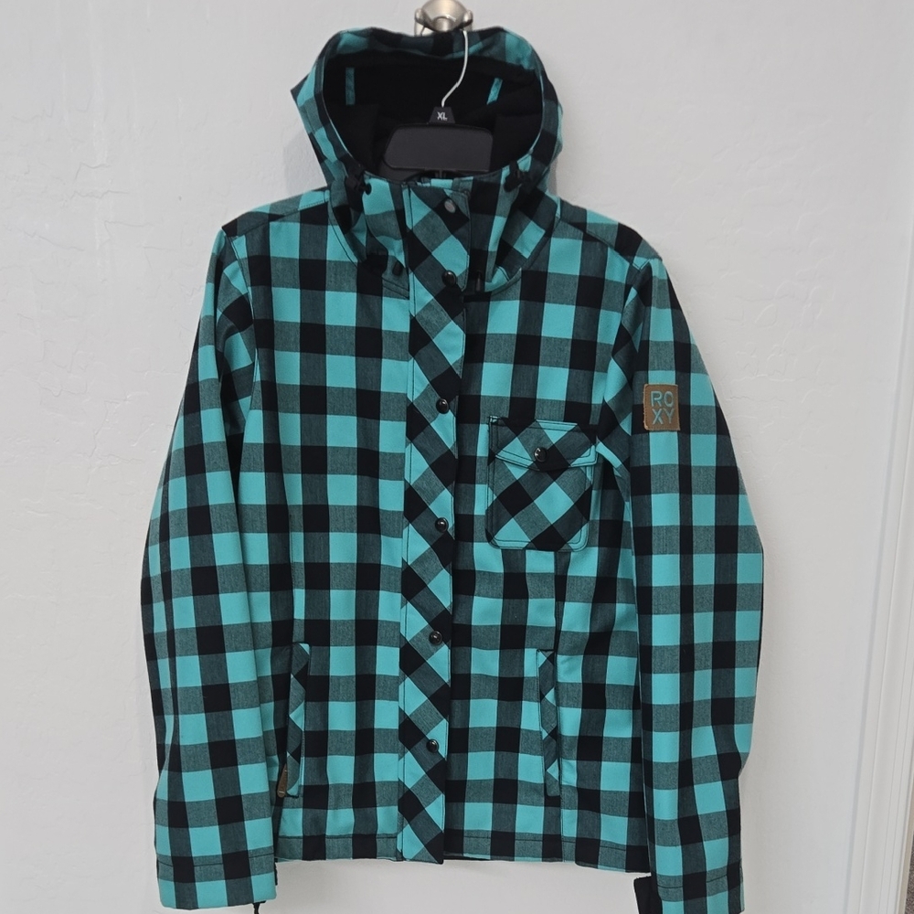 Roxy Teal Plaid Hooded Ski Jacket with Black Checks